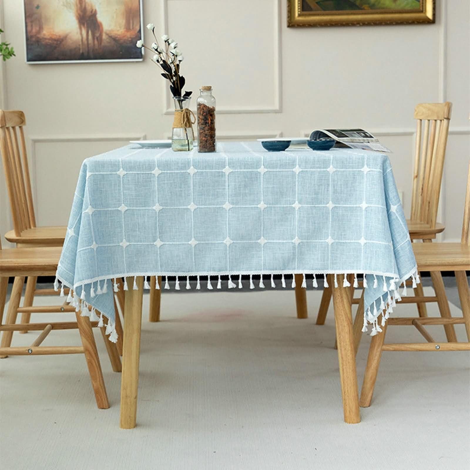 Mantel de Cocina Rectangular Azul Cielo, Cuadros con Borlas, de Poliéster Fácil de Limpiar, 140 x 200 cm, Mantel para Cafetería