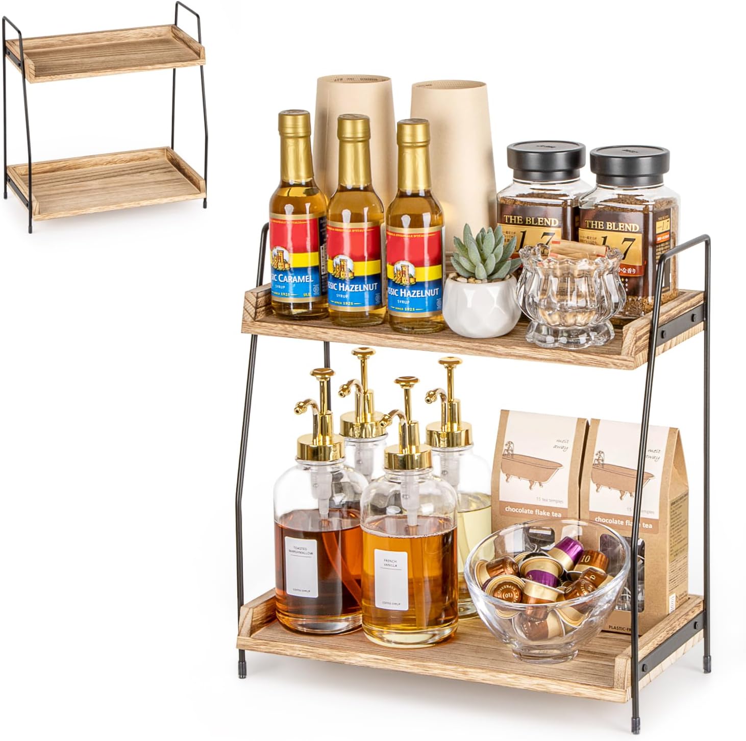 ANBOXIT Coffee Station Organizer for Countertop, 2 Tier Coffee Bar Accessories and Organizer, Wooden Kitchen Storage & Organisation, Countertop Organiser for Kitchen, Home, Office - Brown