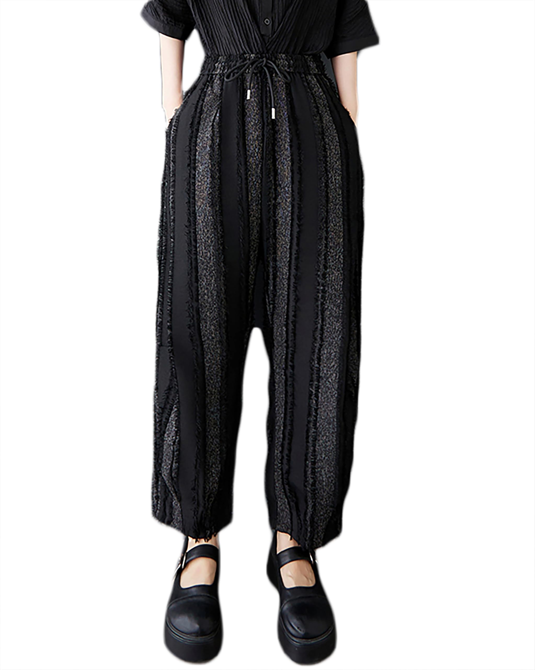 ellazhu Womens Pants Wide Leg Pocket High Waist Harem Pant Patchwork Striped GZ472