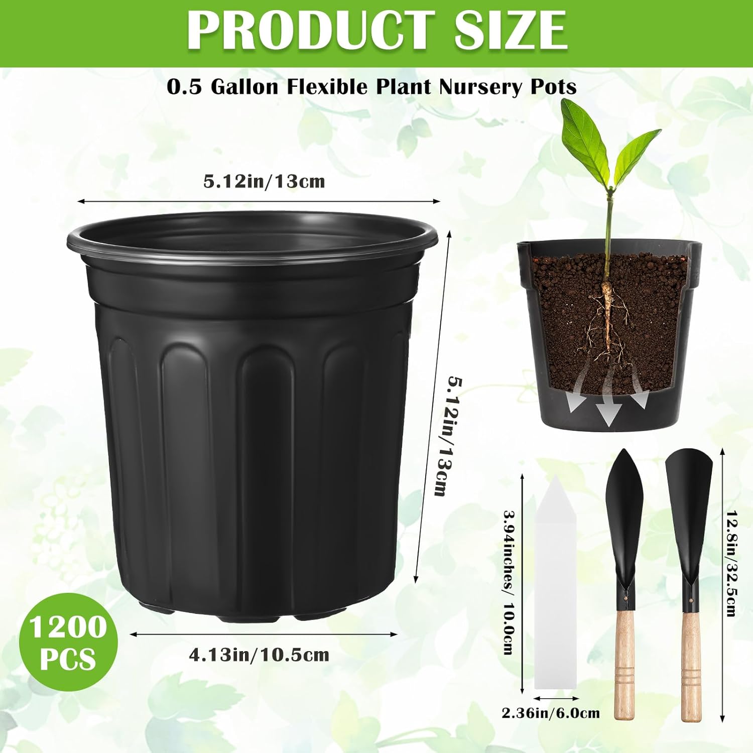 BreezeHug 1200 Pcs 0.5 Gallon Plastic Plants Nursery Pots Bulk with Gardening Black Thickened Soft Seedling Pots with Drainage Holes Flower Plant Containers with Small Shovel for Succulents Supply