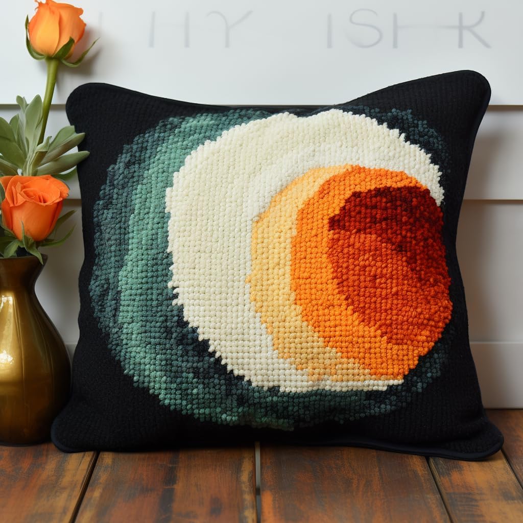 Abstract Moon Mordern Graphic Latch Hook Pillow Kit for Adults Throw Pillow Cover with Printed Canvas DIY Hook Crochet Yarn Needle Craft Easy Handmade Cushion 43x43cm(10)