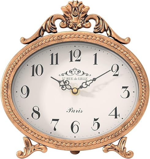 Abdurey Vintage Table Clock on Stand,Desk and Shelf Decorative Clock,French Rustic Style Mantel Clocks,Metal Frame Antique Gold Finish,Farmhouse,Bedroom, Bedside,Living Room,Gift Clocks
