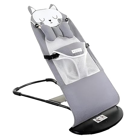 SURKHAMART Musical Comfort Natural Baby Bouncer Rocking Chair - Foldable and Reclining with Music - Upto 9Kg (Sleepy CAT) (Grey)