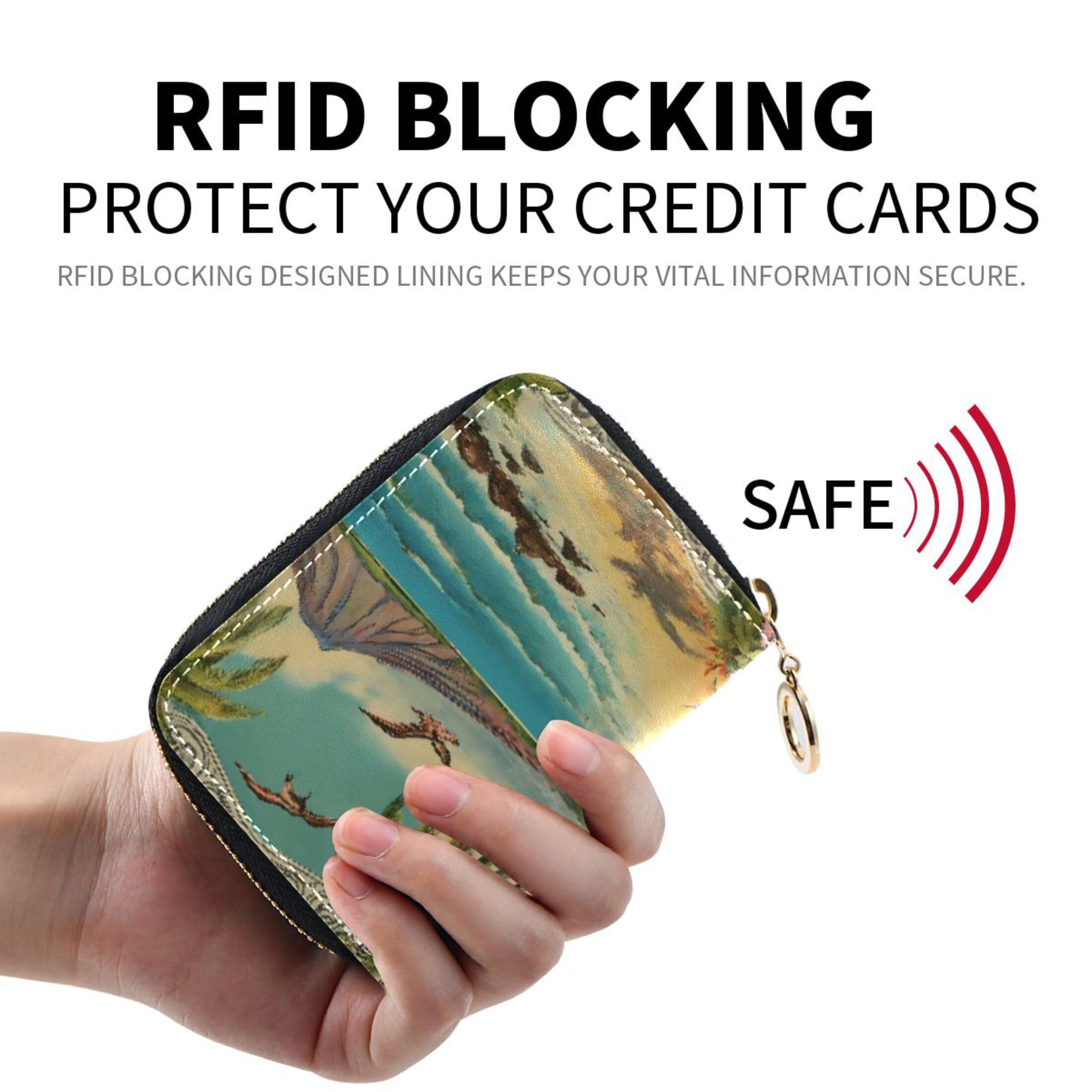 Burbuja Vintage Hawaiian Credit Card Holder for Women Men RFID Blocking, Leather Accordion Zipper Card Case Wallet 11 Slots