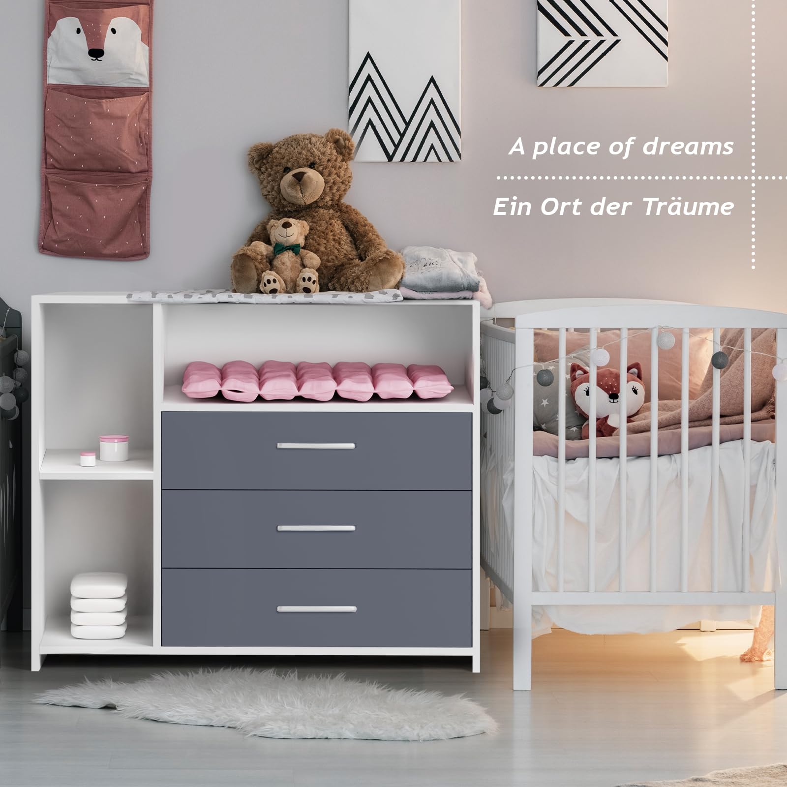 Infantastic® Fasciatoio Neonato con Cassettiera - 3 Cassetti, 3 Scomparti Aperti, 113x70x101, MDF, Bianco/Grigio - Arredamento, Mobile Cameretta da Bambini, Armadio Neonato, Organizzatore per Bebè