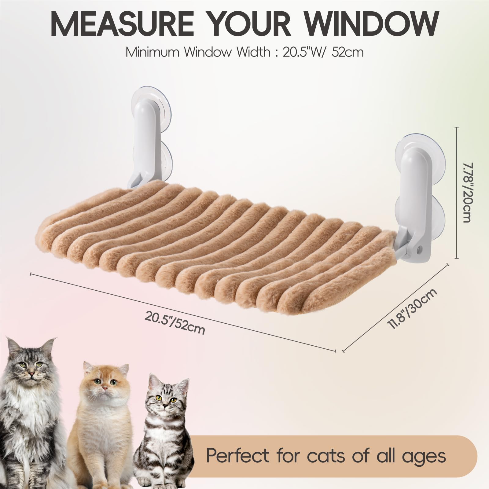 MEWOOFUN Katzenfenster-Sitzstange Faltbar mit abnehmbarem und wendbarem Bezug - Weiche Katzenfenster Hängematte mit verstärktem Stahlrahmen stabil bis 18 kg belastbar (Kamel, M)