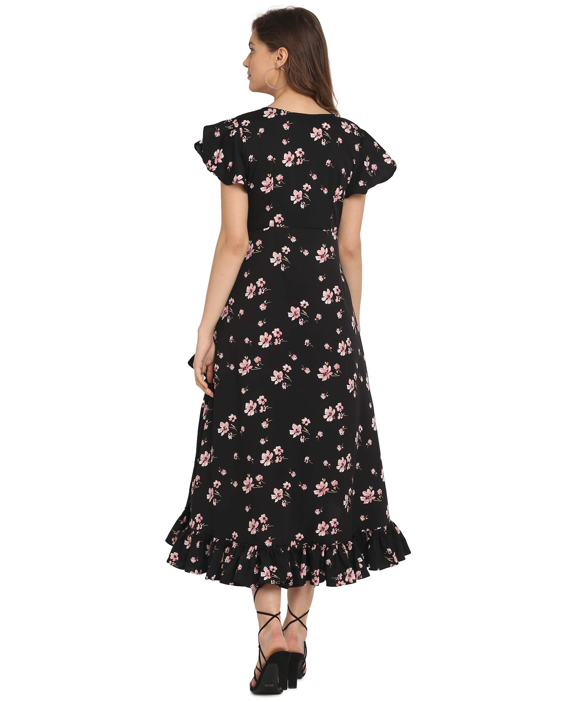 OOMPH! Dress for Women Stylish| Summer Vacation Style |Floral Print Wrap Maxi |Lightweight Flared Maxi Dress for Casual & Holiday Wear Jet Black 2