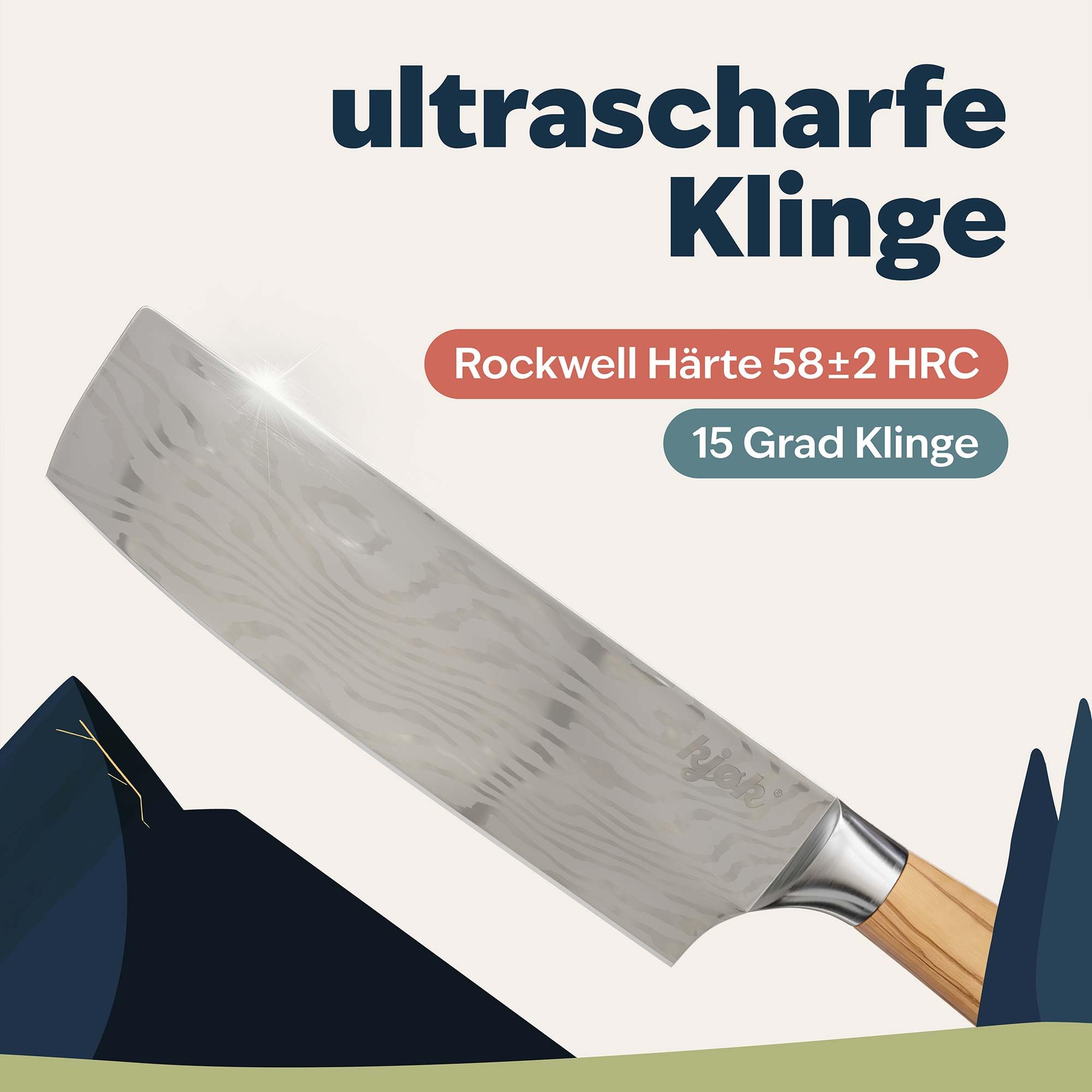 kjøk Nóż Nakiri 17 cm – nóż do warzyw, drewno oliwkowe, stal nierdzewna | Bardzo ostry nóż Nakiri o twardości 58 HRC z rękojeścią z drewna oliwkowego – precyzyjnie kroi warzywa na co dzień