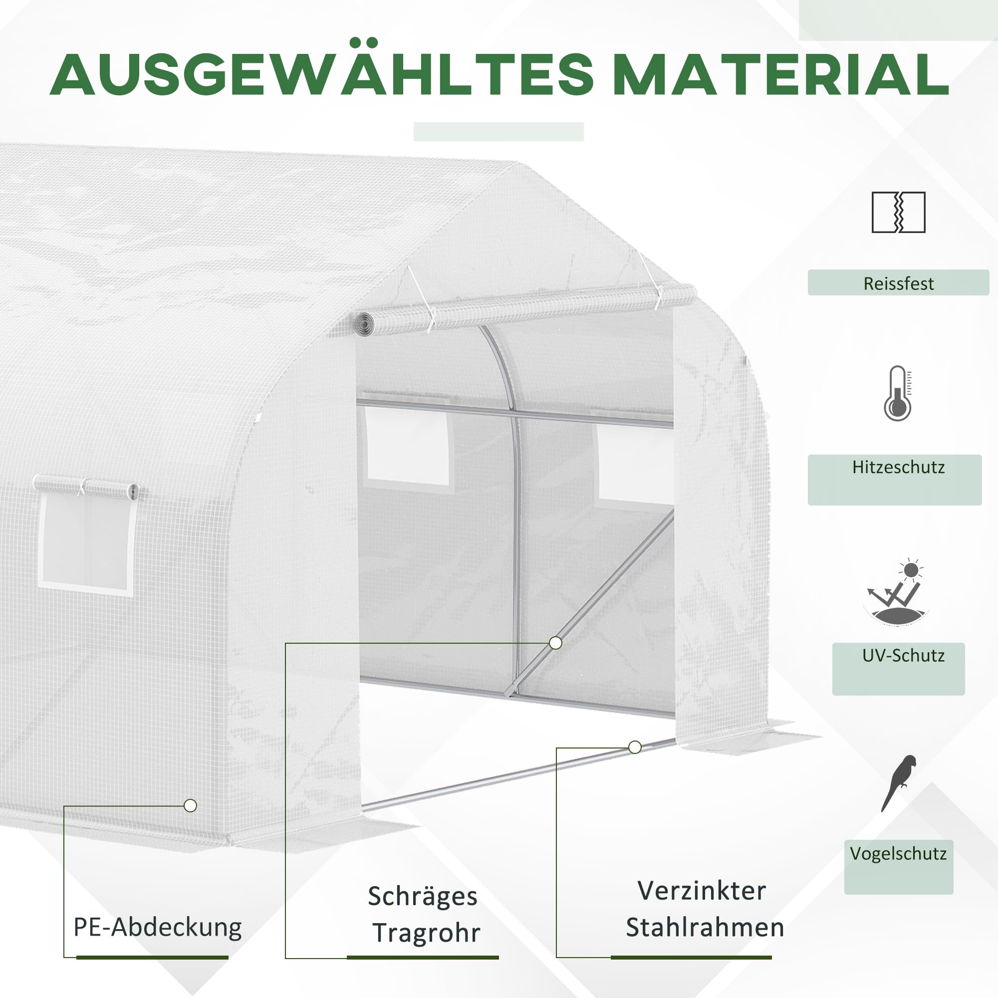 Outsunny Foliengewächshaus, 4,45 x 2,99 x 2,05 m Gewächshaus, Tomatenhaus mit UV-Schutz, Mesh-Fenster, Winddichtes Treibhaus für Garten, Balkon, Metall, Weiß