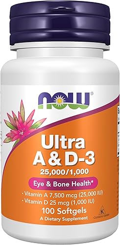 NOW Suplementos, Vitamina A y D3 25,000/1,000 UI, Salud de los Ojos*, Nutrición Esencial, 100 Cápsulas Blandas