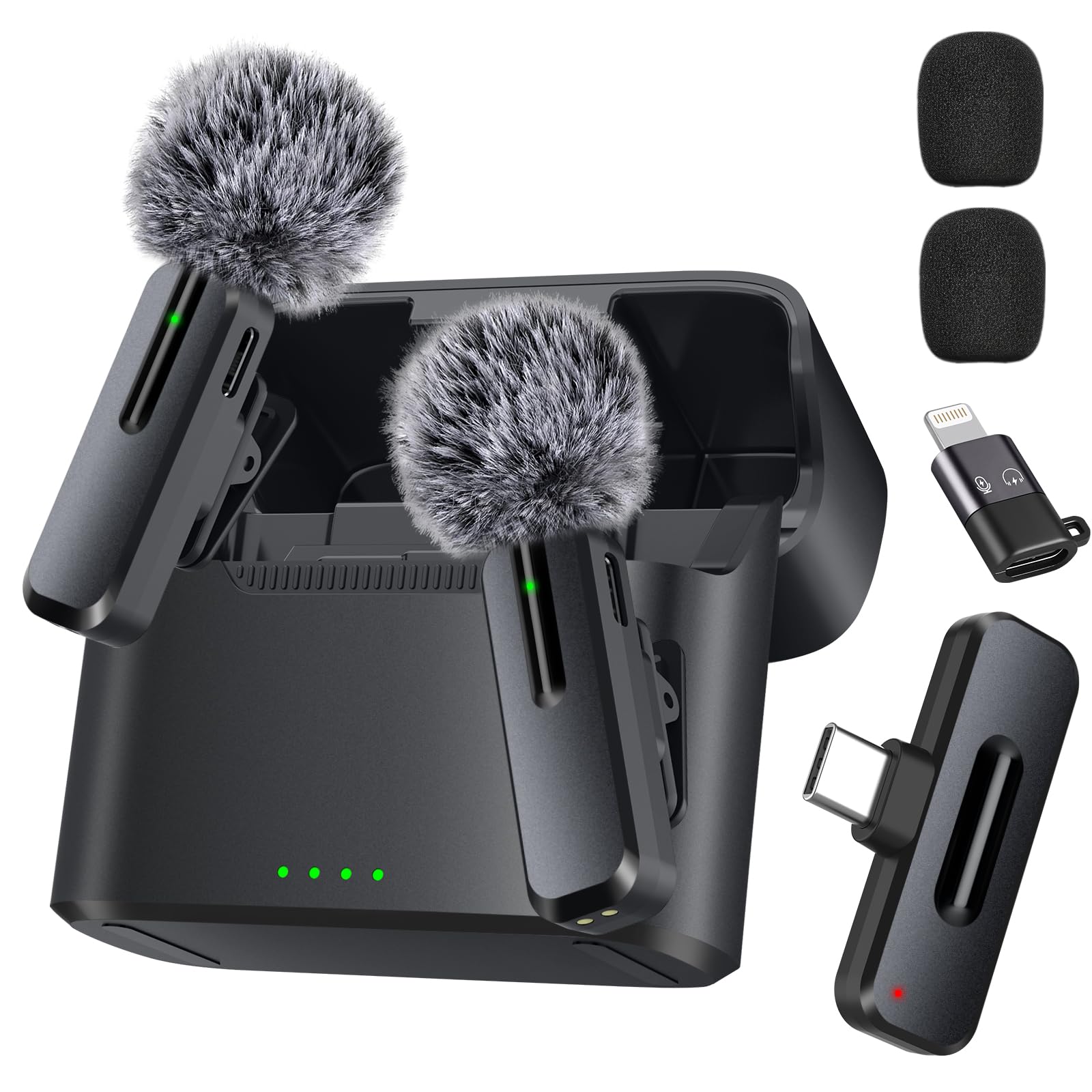 wedaniya Wireless Lavalier Mini Microphone for iPhone, Android, 2 Pack Clip on Mini Mic with USB-C & Lightning, 2-in-1 Noise Reduction Lapel Mic for Video Recording, Podcast