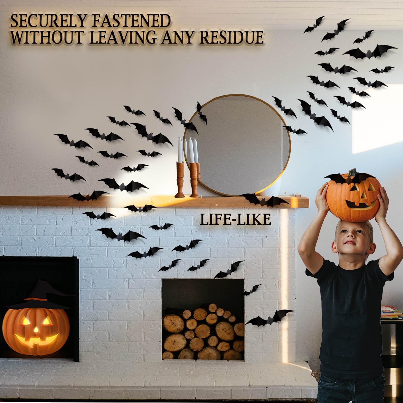 Decorazione da parete con pipistrelli di Halloween, 60 pezzi, decorazioni 3D in plastica con 20 clip per feste, riutilizzabili, fai da te, decorative, in PVC, nero, spaventoso, grandi adesivi per