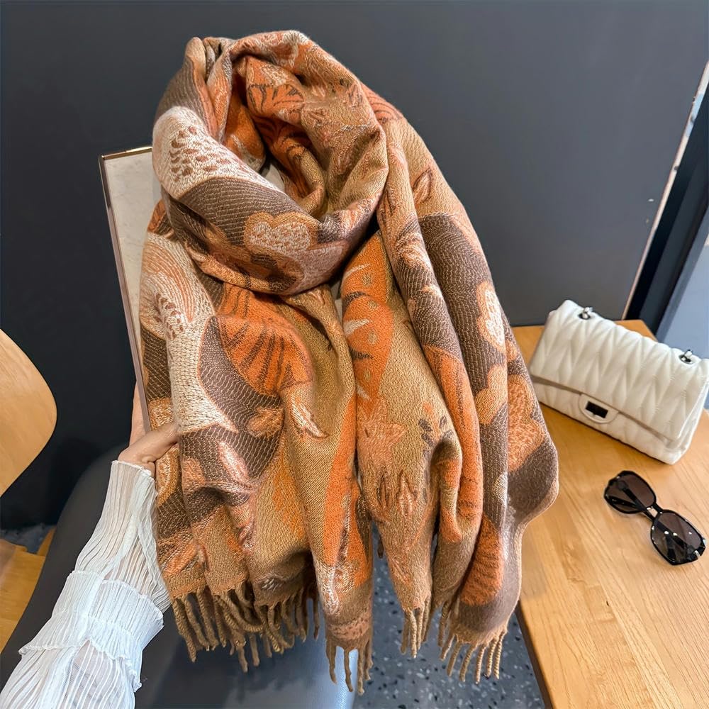 SYJYM Boho-Chic Oiseau Feuille Jacquard Écharpe Vintage Gland Châle Confortable Chaud Coupe-Vent Cape Femmes Parfait Hiver Folk Style Vintage