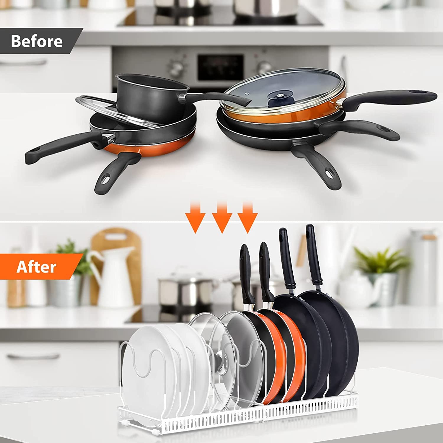 KOTKMSXTSW Organisateur de casseroles et poêles extensible pour armoire, support de casseroles pour le rangement de la cuisine, support de couvercle de casserole, noir avec 10 séparateurs réglables KOTKMSXTSW Organisateur de casseroles et poêles extensible pour armoire, support de casseroles pour le rangement de la cuisine, support de couvercle de casserole, noir avec 10 séparateurs réglables