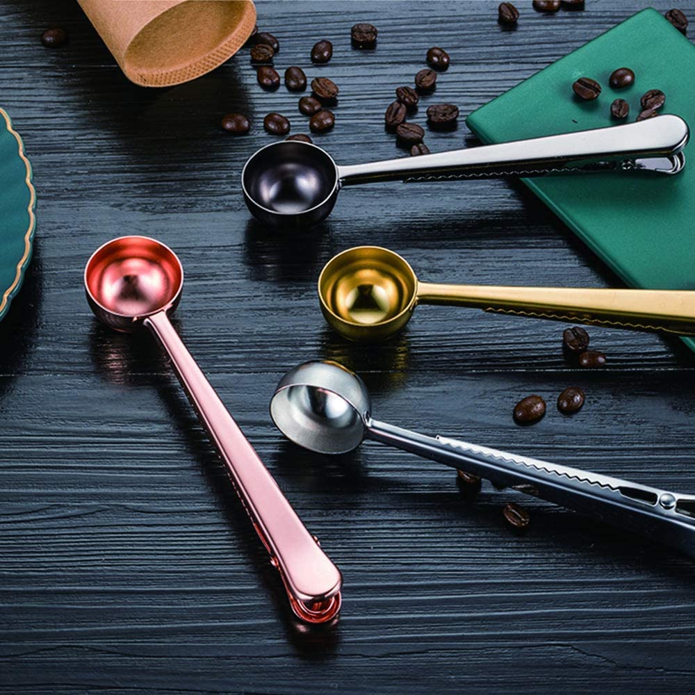 Crethinkaty 2-in-1 Kaffeelöffel Mit Beutelclip – Edelstahl, 17,5 Cm, Schwarz, Für Kaffeebohnen Und Gemahlenen Kaffee, Spülmaschinenfest
