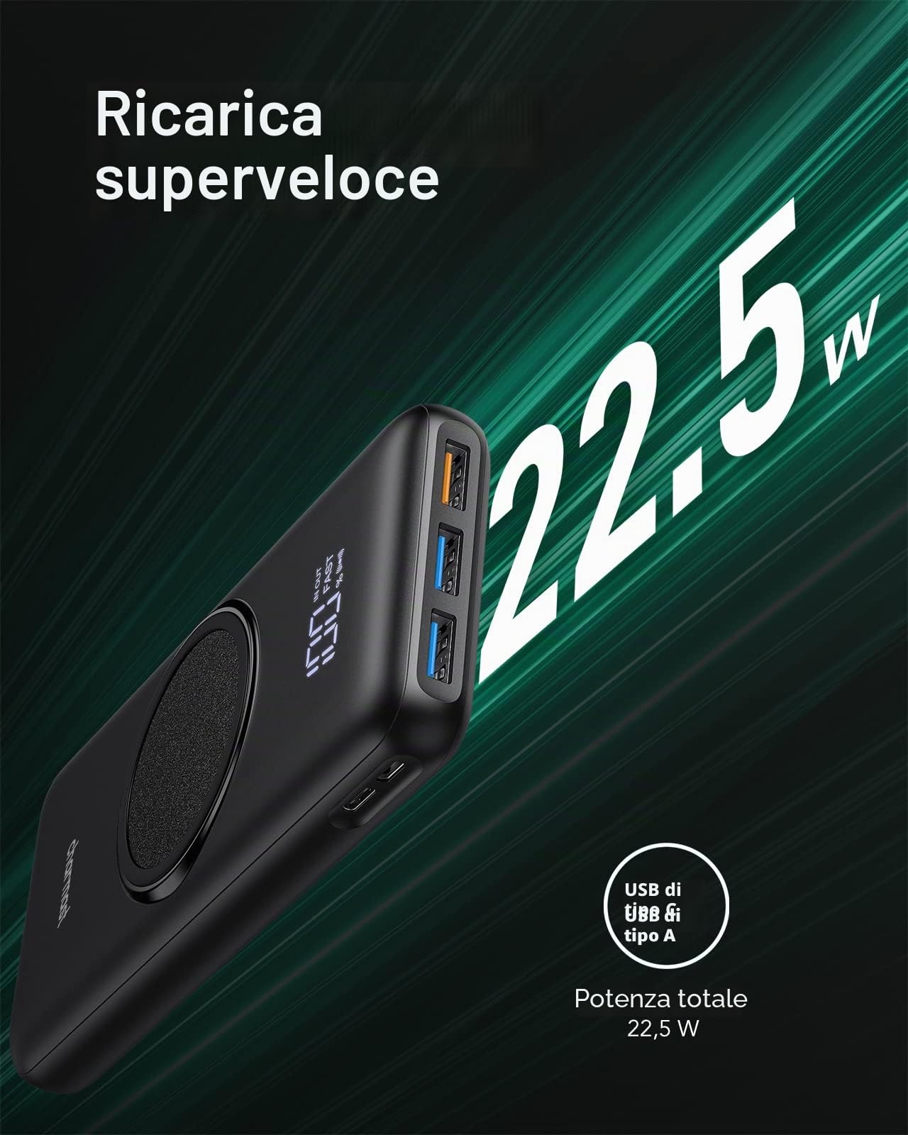 Charmast Power Bank, Powerbank wireless da 20000 mAh, ricarica induttiva, 22,5 W PD/QC 3.0, batteria esterna per cellulare con display a LED, compatibile con iPhone 17, 16, 15, 14, 13, 12 Pro Max