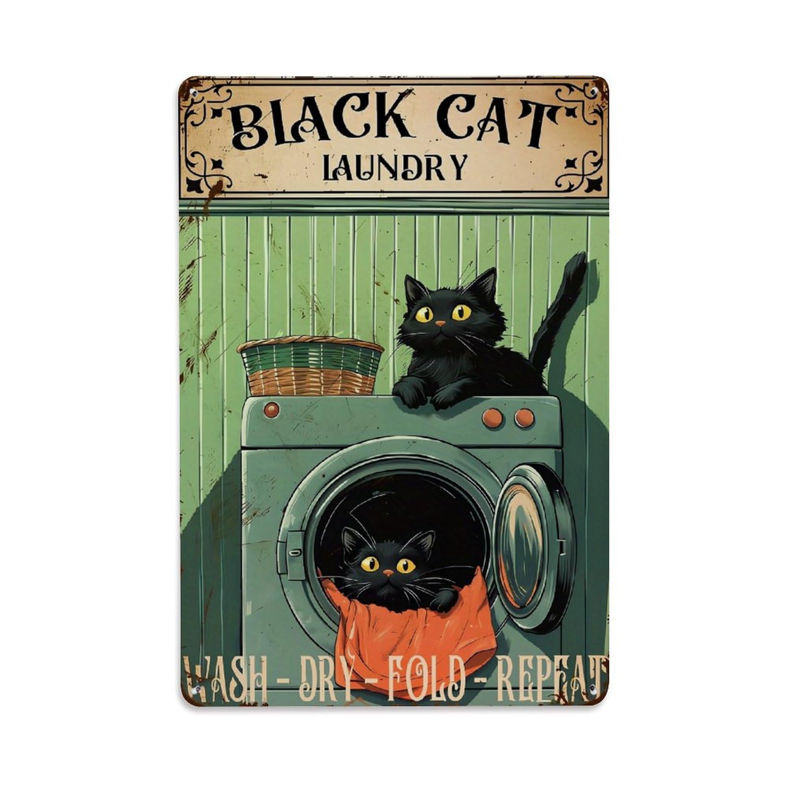 Bliveurn Vintage Black Cat Laundry Wash Dry Fold Repeat Retro Metal Tin Sign, Metal Poster For Home, Gaming Room, Studio Workshop,Bar,Garage Wall Art Decor 8X12 Inch