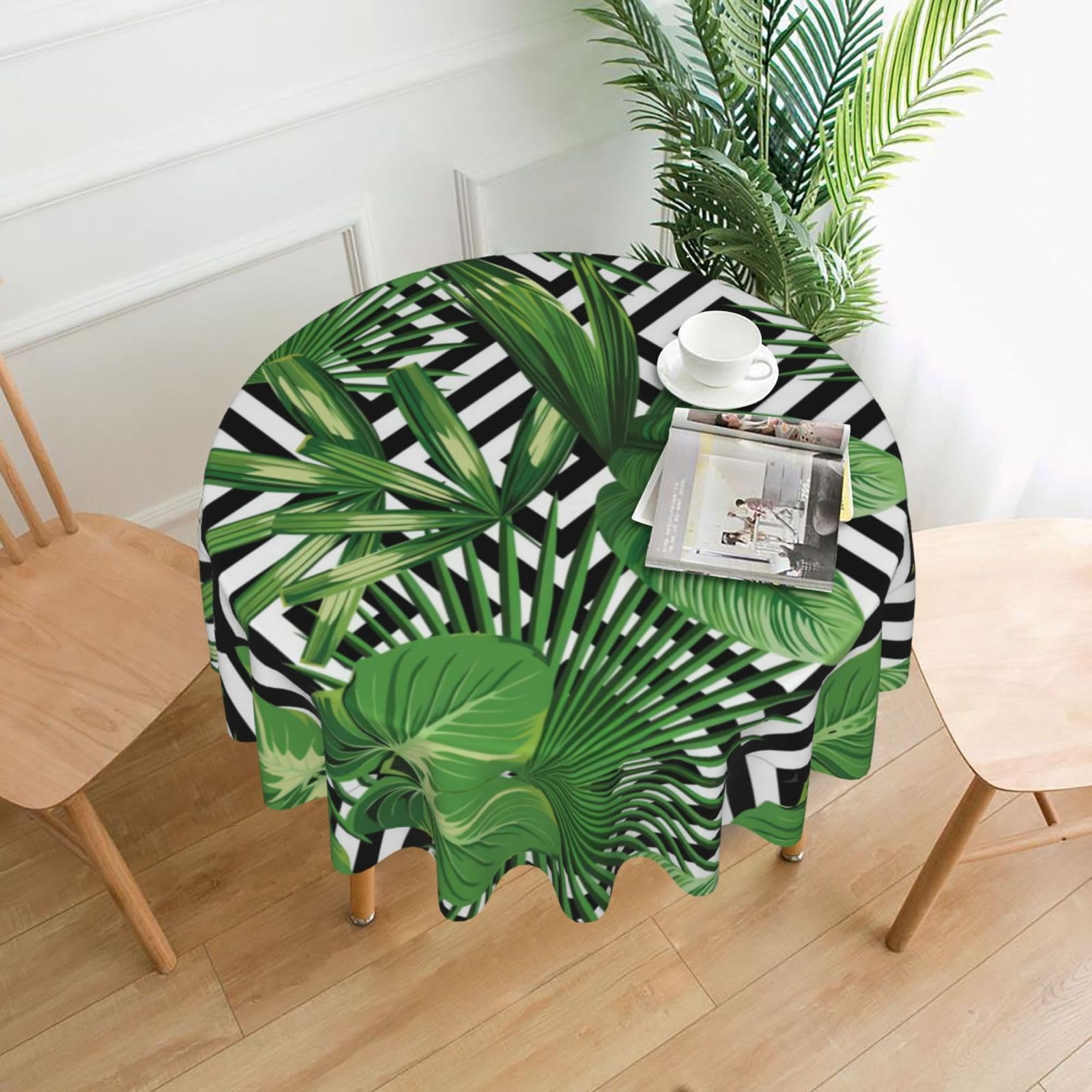 HLSBSSL tropical leaves Printed round decorative tablecloth, 60 inches, suitable for various tables in the living room, dining room, coffee table, etc.