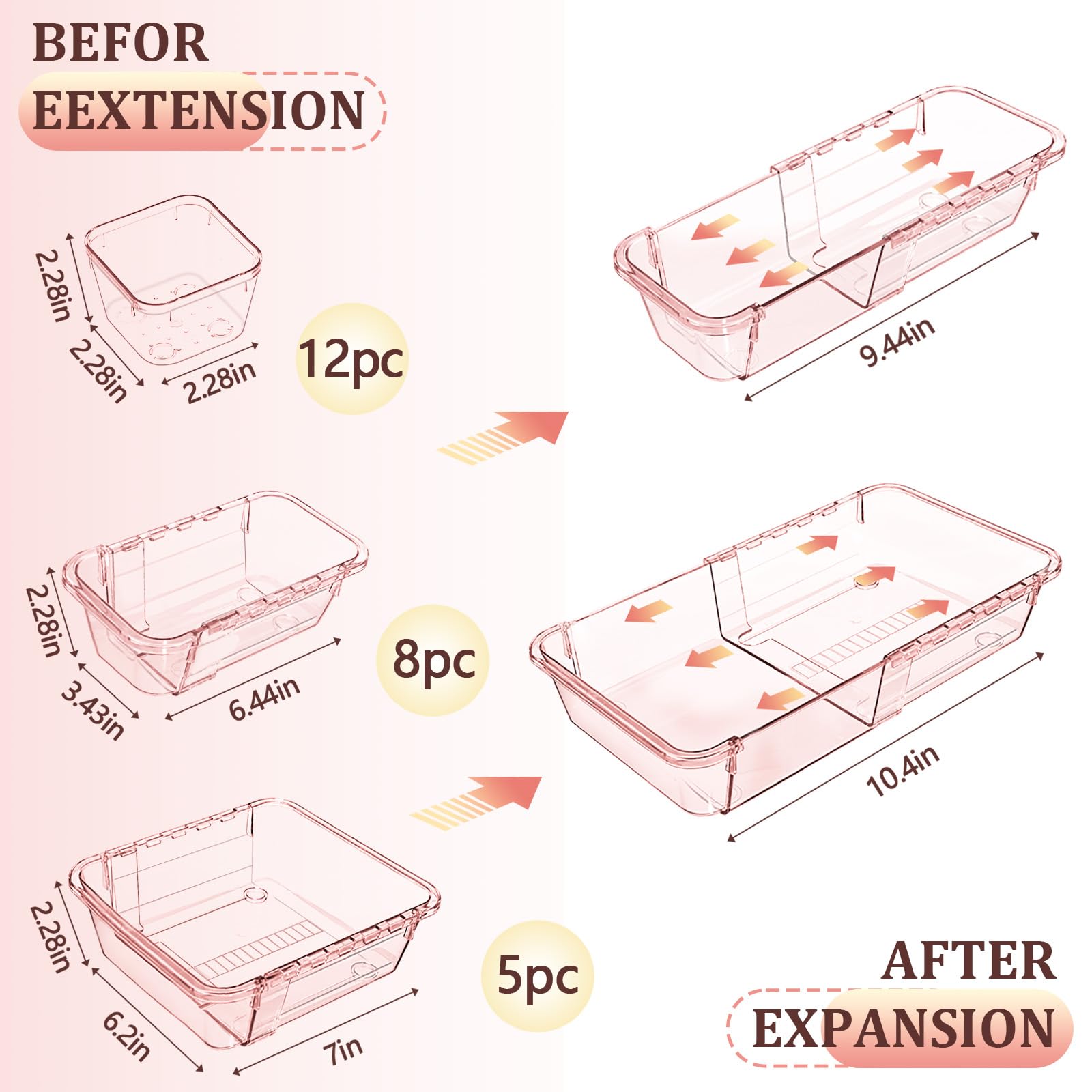 25 organizer trasparenti per cassetti, regolabili, organizer per cassetti da scrivania, 3 dimensioni, contenitori in acrilico per trucco, utensili da cucina, cassettiere per camera da letto, organizer