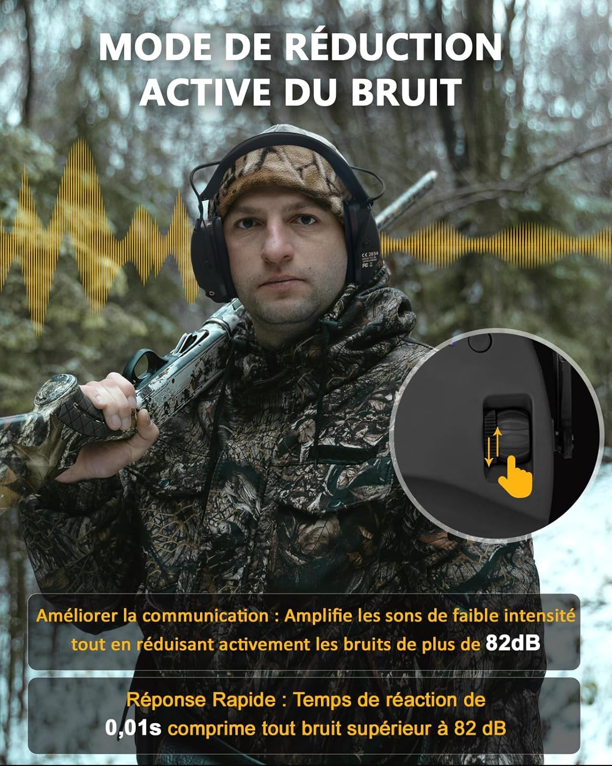 PROHEAR 030 Protection auditive électronique avec Bluetooth 5.4, protection auditive, protection auditive, réduction du bruit, amplification du son pour la chasse, NRR22dB SNR 27 dB, gel noir