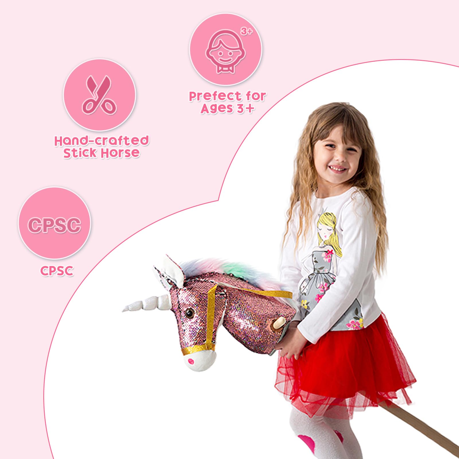 Caballo de unicornio de lentejuelas hecho a mano, caballo de pasatiempo en un palo con ruedas de madera, poni real, sonidos vecinos y galopantes, juguete de unicornio de peluche, color rosa, 4
