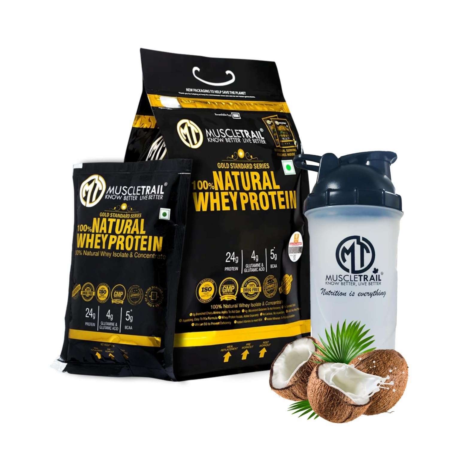 [BRSRMYYLBN5AOC3G] MuscleTrail Gold Standard Series Whey Protein Powder | 24g Protein, 60 Pouches | Isolate & Concentrate with Digestive Enzymes, Muscle Building, Strength Supplement, Low Carb Low Fat, Free Shaker (60 Serving, Coconut)