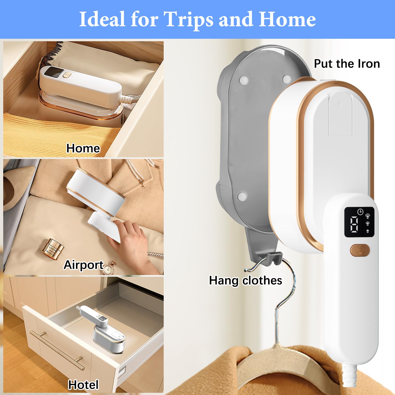 Steam Iron Travel Steamer with LCD Screen, 10S Fast Heat-up 2000W Steamer Clothing with 180° Rotatable Handle, Portable Handheld Clothes Steamer, 3 Steam Levels for Travel, Home, Office Y
