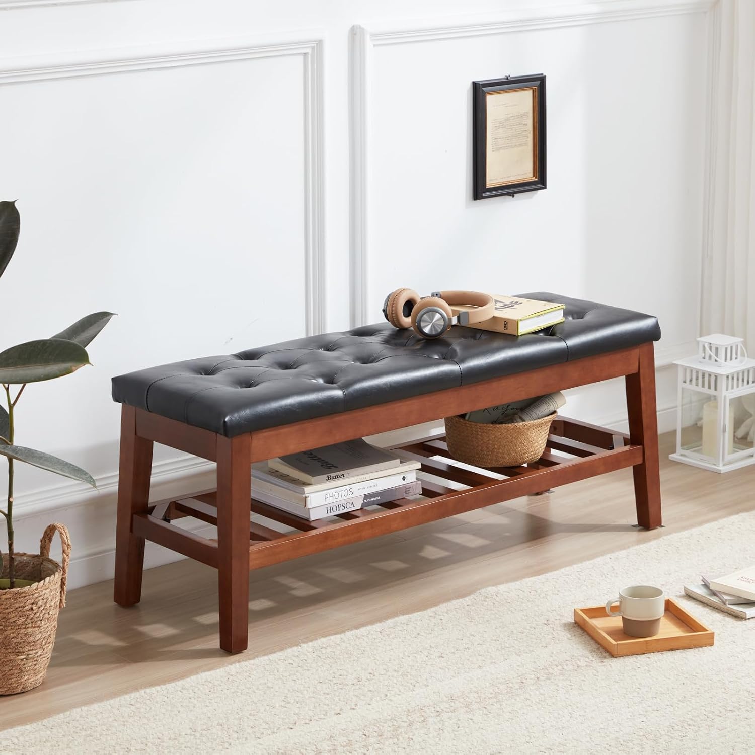 Upholstered Shoe Bench Entryway Bench for Bedroom, End of Bed, Ottoman Bench Tufted Padded Seat with Solid Wood Shelf for Living Room, Faux Leather Black