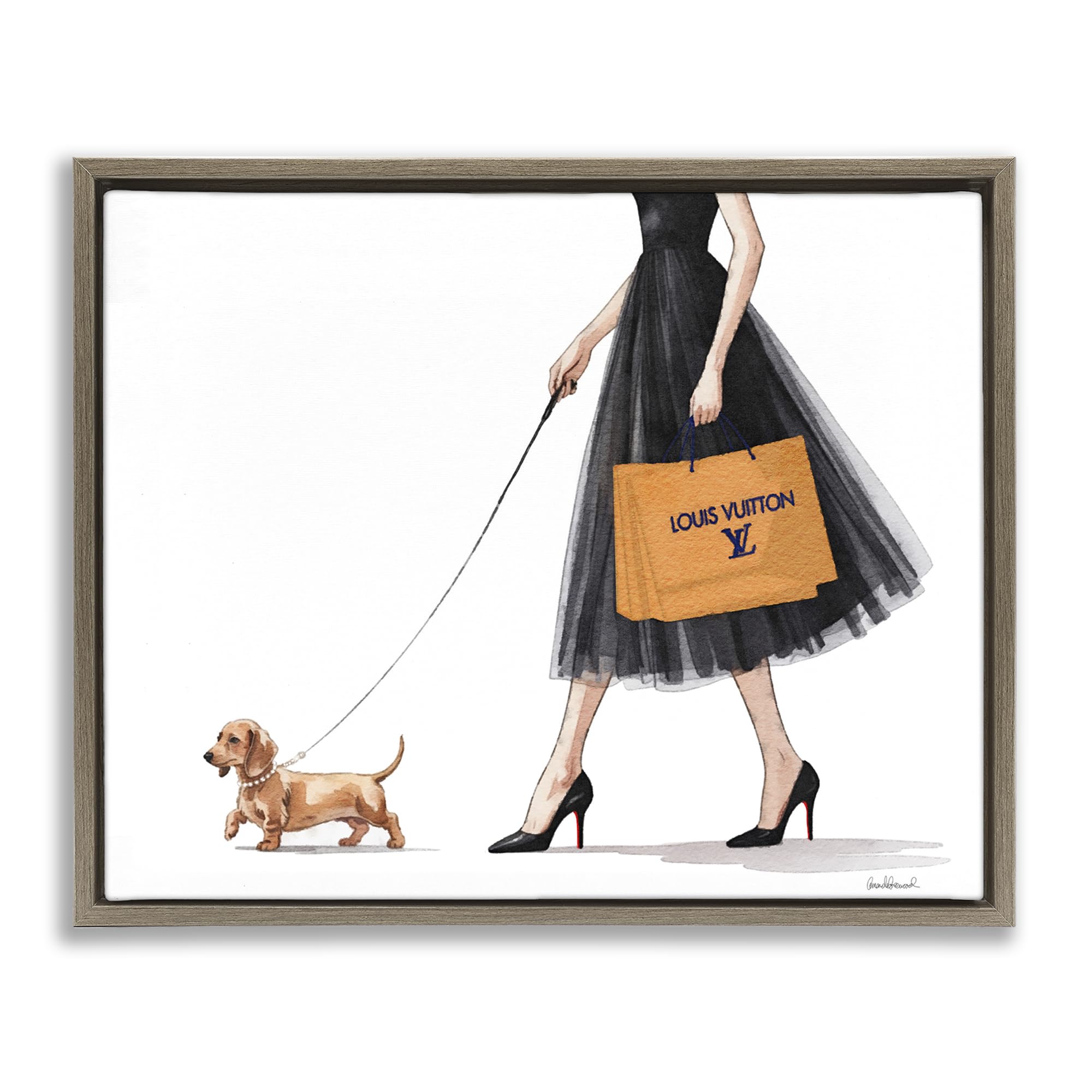 Stupell Industries 'Fashionable Dog Walking', Floating Frame Canvas Art, Brown, 31 x 25 Inches, Easy to Hang and Sturdy, Made in USA, by Amanda Greenwood