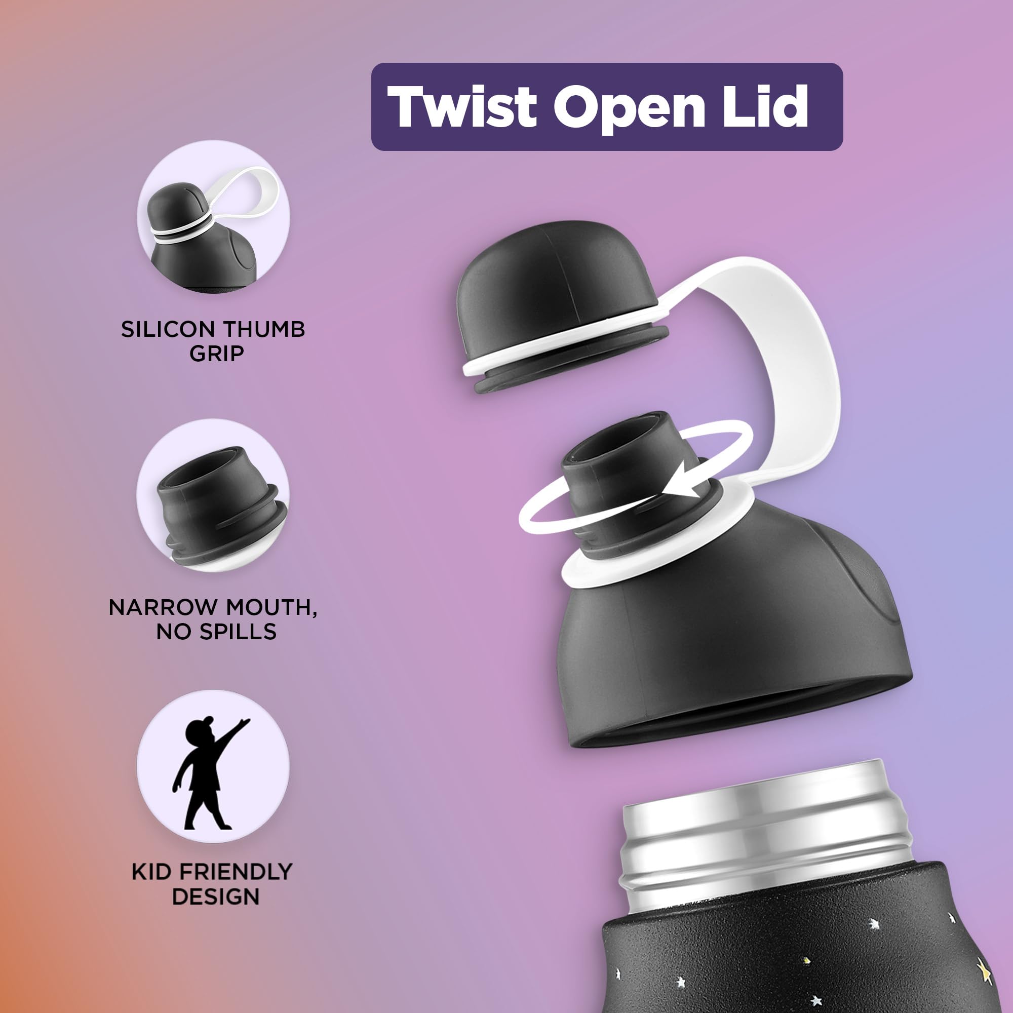 Go24 pexpo Piano 450 ISI Certified Stainless Steel Water Bottle for School Kids - 420ml | 6+ Years Age |Hot & Cold | with Sipper Cap |Double Wall | for Picnic, Outing - Black Space Printed 1
