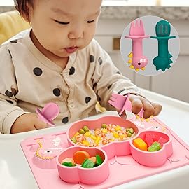 NICINGU 3Pcs Toddler Silicone Dinosaur Placemat Spoon and Fork Set,Divided Plate Dish for Baby Kids Infant Self Feeding TrainingNon-Suction BPA Free Microwave Dishwasher Safe-Pink Dinosaur