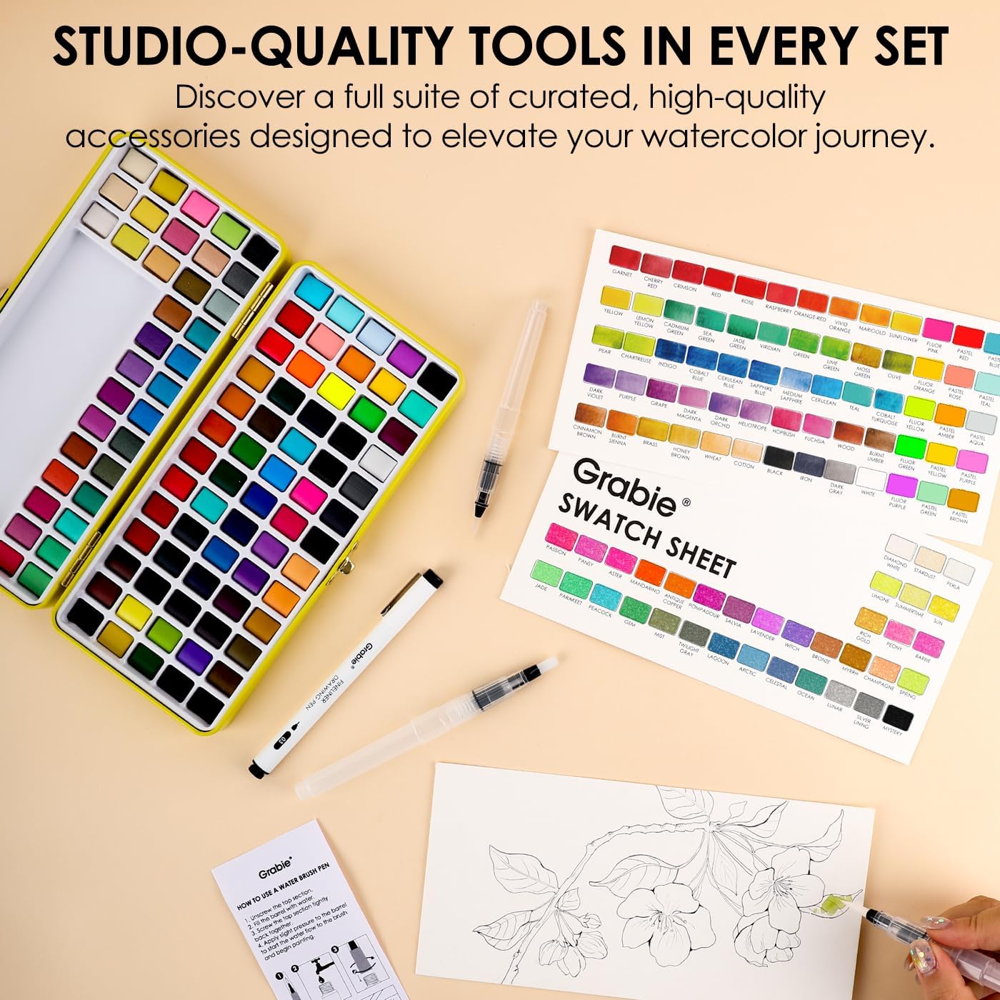Grabie 100 Colors Premium All-In-One Watercolor Paint Set - 50 Essential, 35 Metallic, 10 Pastels, 5 Neon Hues - Portable Case, Brush Pens, Paper Pad, Waterproof Fineliner Pen, Beginner & Professional