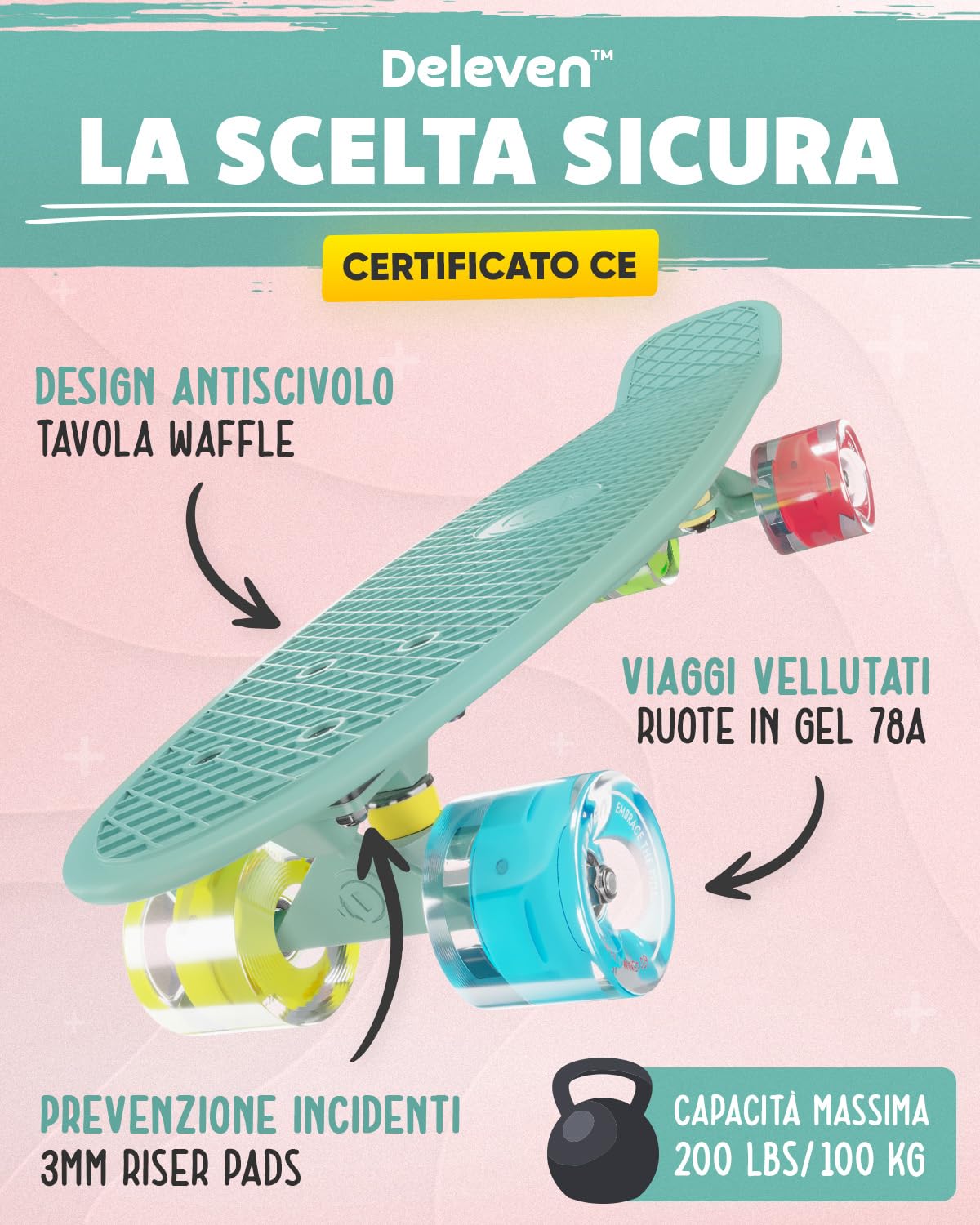 Deleven Skateboard 56cm con Ruote LED, Tool per Skate e Cuscinetti Abec 7 - Per Bambini Principianti Ragazze Ragazzi Adolescenti Adulti
