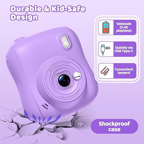 Miniatura 4 de Cámara de impresión instantánea para niños, regalos de cumpleaños de Navidad para niños de 3, 4, 5, 6, 7, 8, 9, 10, 11, 12 años, videocámara digital