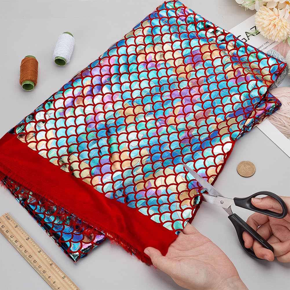 FINGERINSPIRE Tessuto A Scaglie di Sirena 100x150cm Iridescenza Colore Argento Tessuto Spandex Ologramma Scintillante Tessuto Elasticizzato A 2 Vie Tessuto A Squame di Pesce Stampato con Sirena