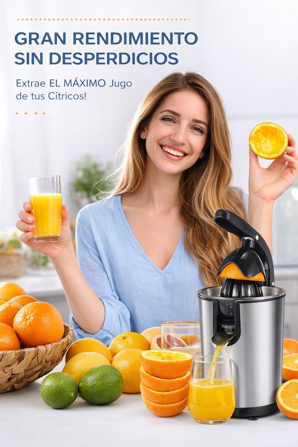 Exprimidor Eléctrico de Naranjas Profesional de 160 W, Palanca y Filtro de Acero Inoxidable, Sistema Antigoteo, Silencioso, Sin BPA, piezas aptas para lavavajillas
