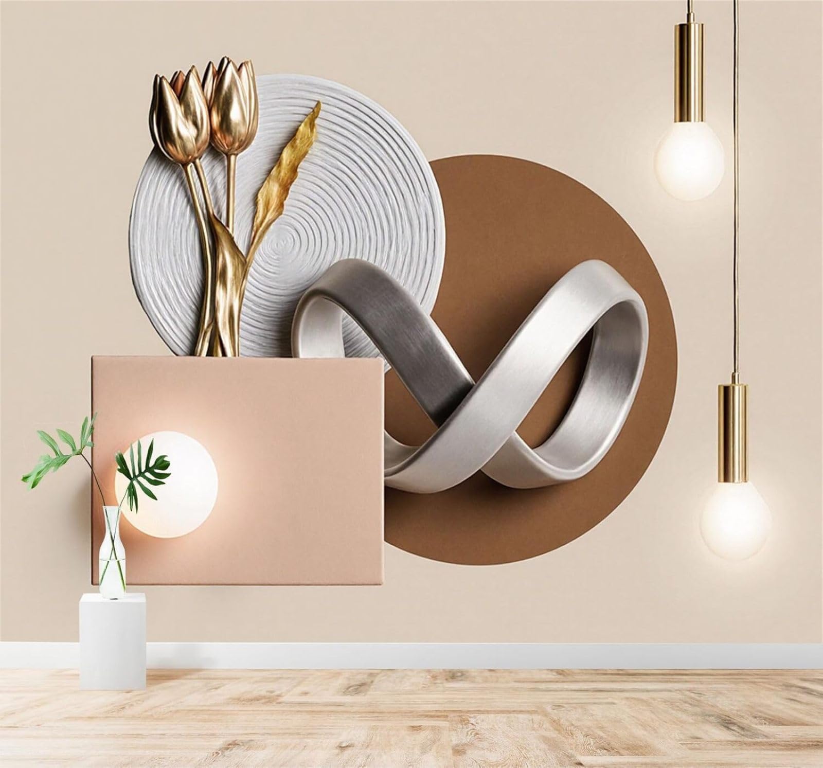 Xlming 250Cm×170Cm(B×H) Abstract Metal Sculpture Golden Tulips Geometric Shapes Art 3D Wallpaper Silky Texture Home Study Office Grey Dining Room Sofa Bedroom Living Room Tv Backdrop-250Cm×170Cm