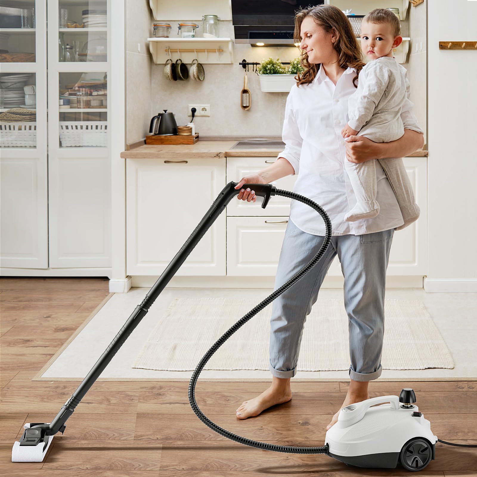 COSTWAY Limpiador a Vapor de 2000W, Multiuso Limpiador de Vapor con 16 Accesorios y Tanque Grande de 1,8 L, Máquina de Limpieza a Vapor con Ruedas para Pisos, Ventanas, Vidrio, Alfombras (Blanco)