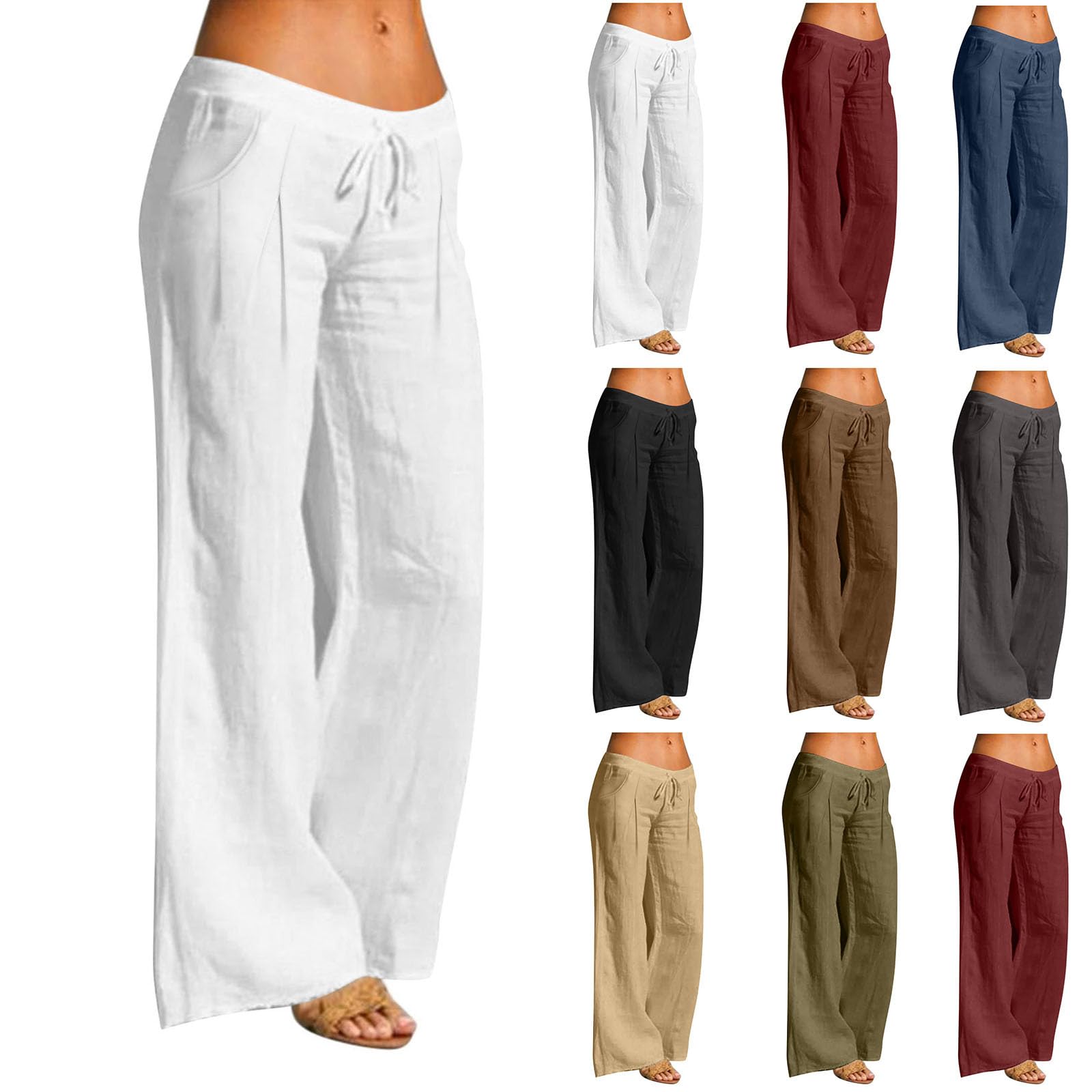Linen Pants Women Drawstring Elastic Waist Wide Leg Trousers Flowy Lightweight Fashion Clothing with Pockets
