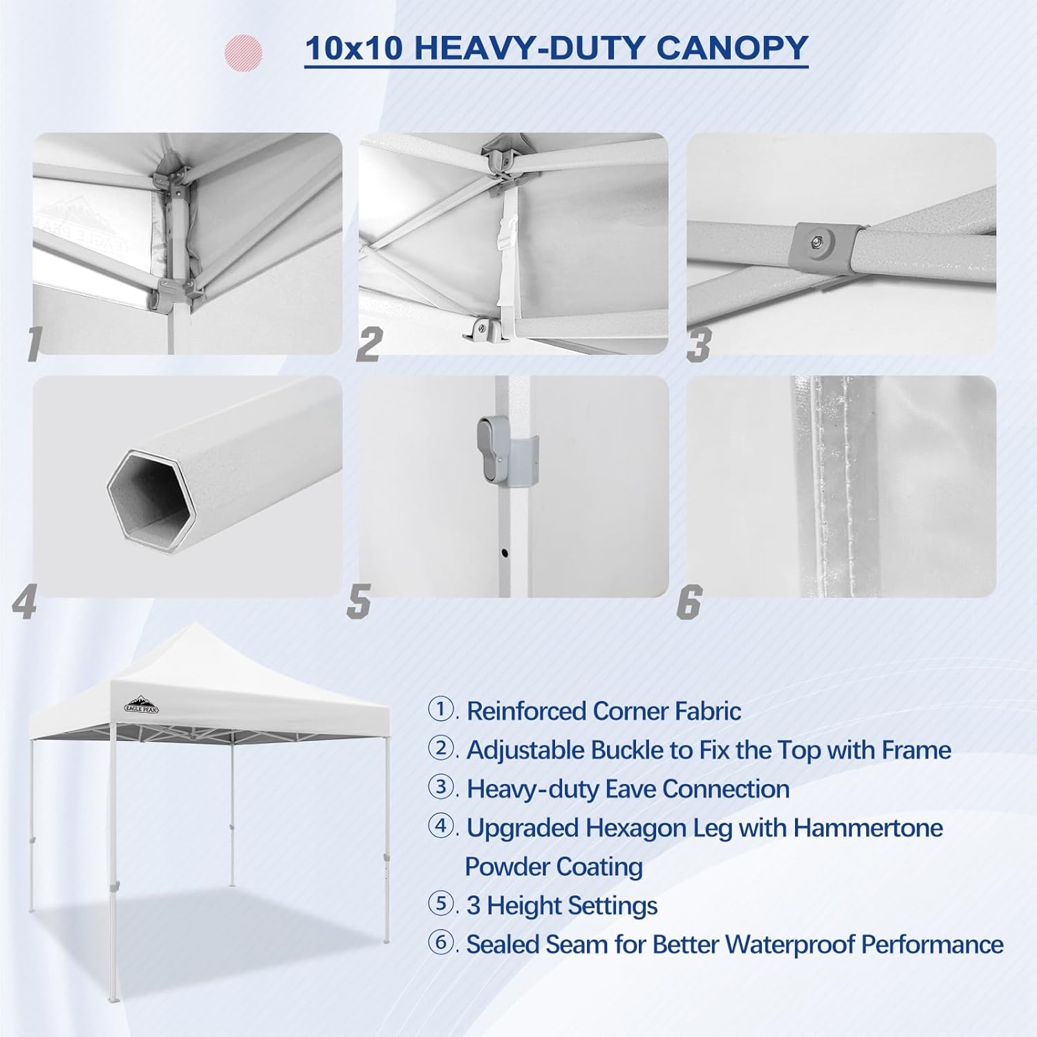 EAGLE PEAK 10x10 Heavy Duty Pop up Commercial Canopy Tent, Instant Marketplace Sun Shelter with Roller Bag and 4 Sandbags, White