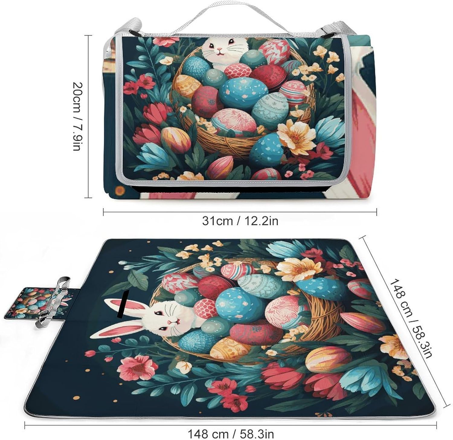 Basket and Easter Eggs Waterproof Picnic Blanket 58.3''x58.3'',Portable and Foldable Picnic Mat with Handle,Outdoor Blankets for Lawn Park Beach Travel