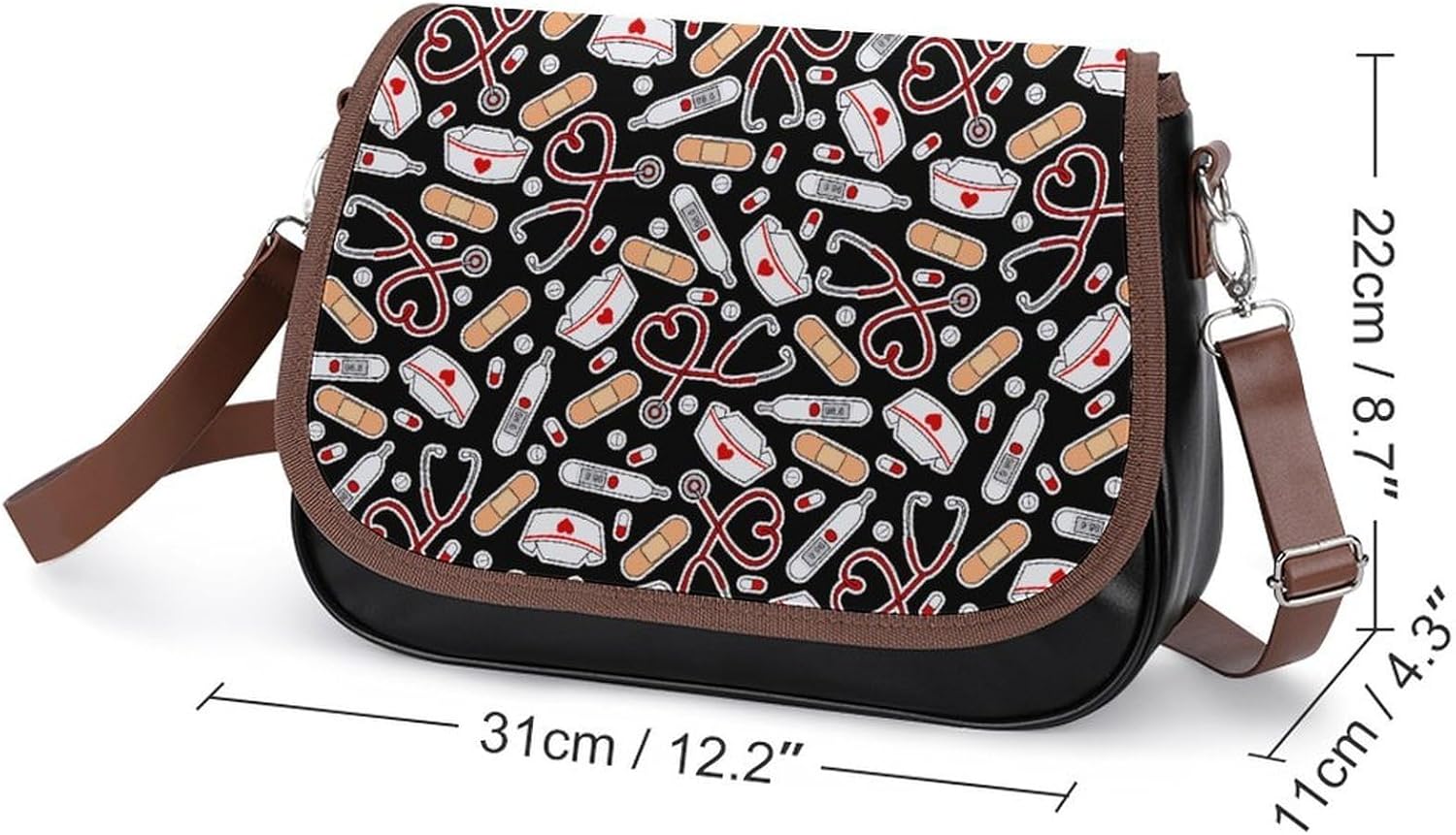 Nurse Love Print BlackWomen's Faux Leather Crossbody Bag, Waterproof Wrinkle-Resistant Shoulder Bag with Detachable Strap, Large Capacity Casual Handbag, Fashion Daily Purse for Shopping Work Dating,