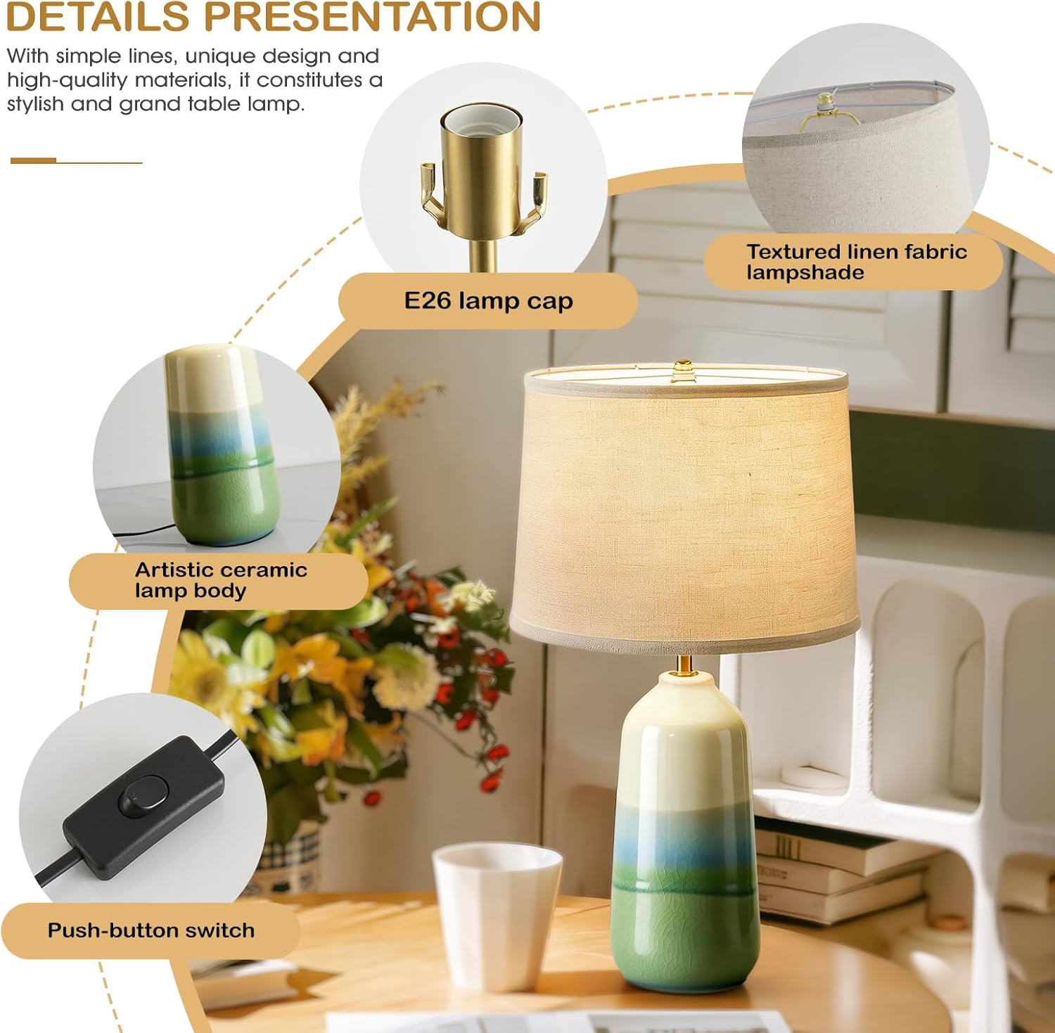 taotanra- Misty Gradient Ceramic Eye-Caring SoftGlow Lamp with 3-Color dimmableert Exquisite and Round Shell for Room