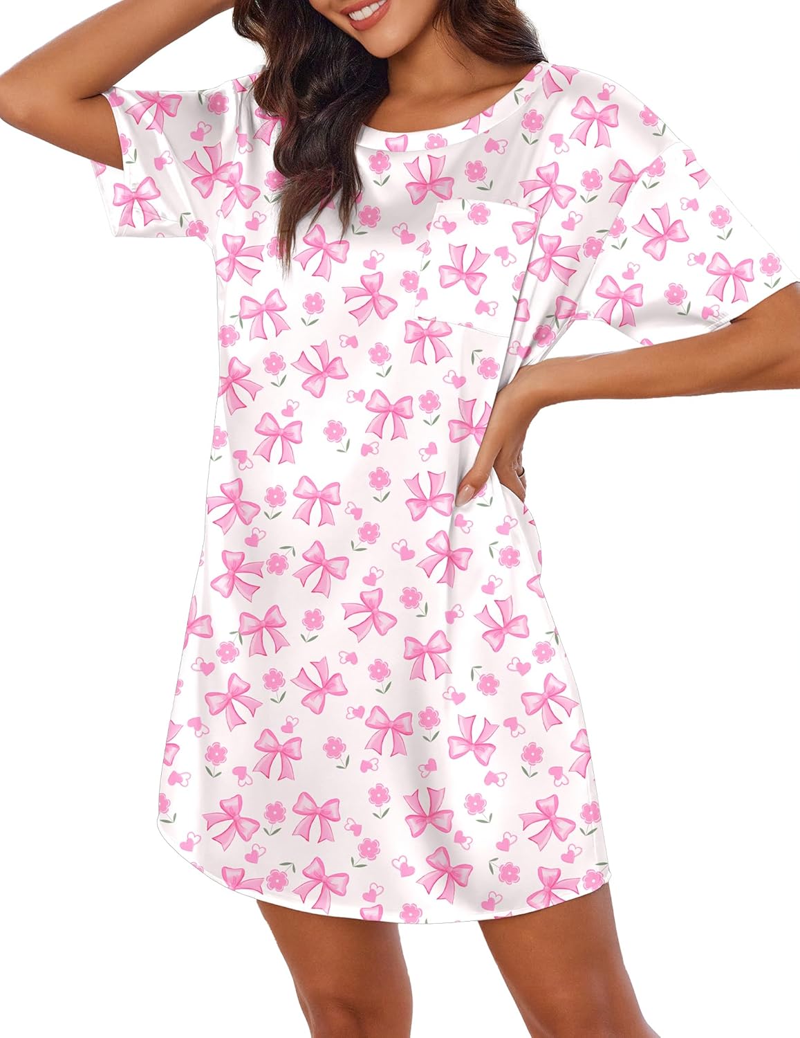 Ekouaer Silk Sleep Shirts for Women Satin Nightshirt Tshirt Nightgown Sleepwear Shirt Dress With Chest Pocket S-2XL