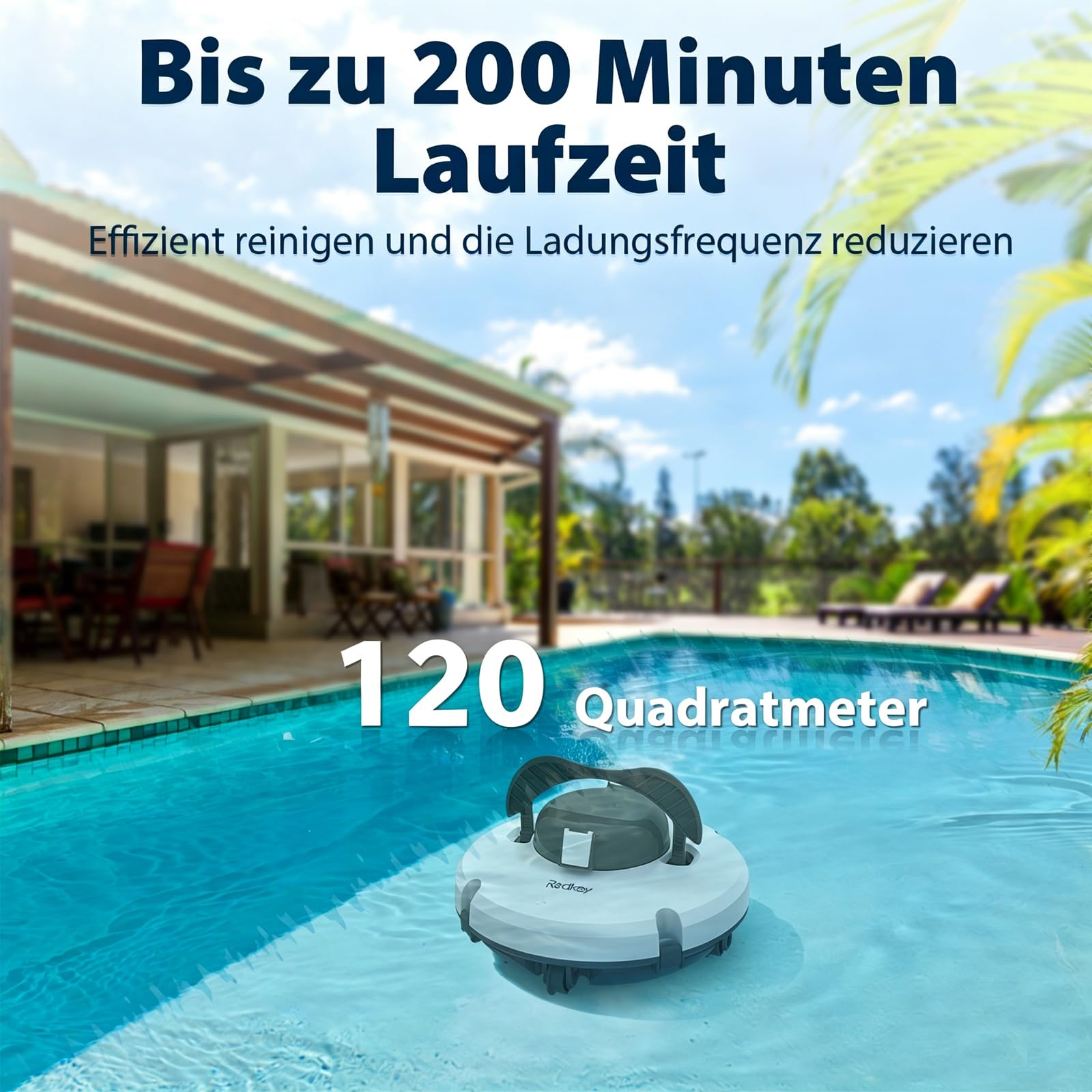 Redkey Upgrade S100 Poolroboter Akku, Akkulaufzeit 200 Minuten,Max Steigung 18°,Selbstparkend, Automatische Poolreiniger Kabelloser, Poolreinigungsroboter,Geeignet für Flache Pools bis zu 120 m²