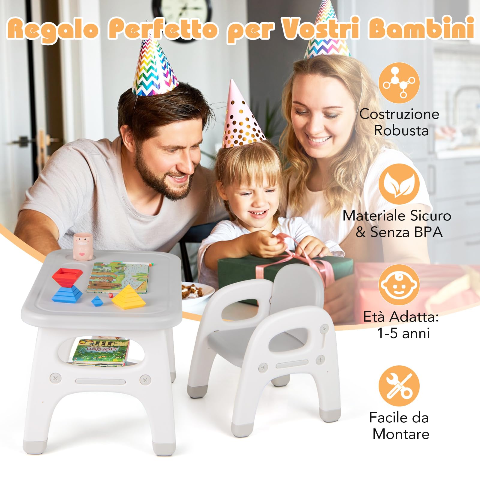 COSTWAY Tavolo e Sedia per Bambini Dinosauro Set Scrivania Attività Artistiche Studio 1-5 Anni Grigio