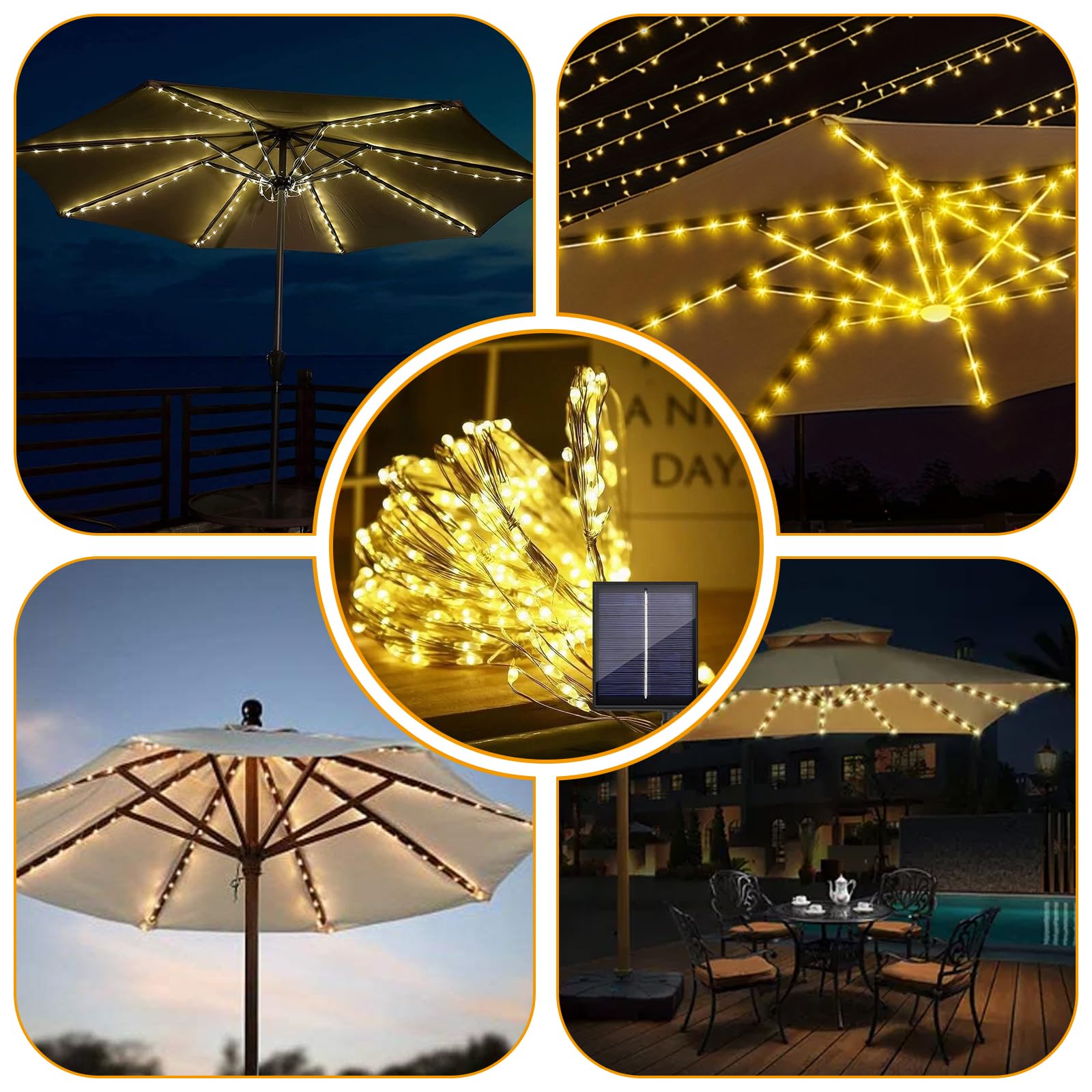 Guirlande lumineuse solaire pour parasol - 104 LED - Éclairage solaire avec télécommande - 8 modes - Guirlande lumineuse pour parapluie - Étanche - Pour tente de camping - Décoration de