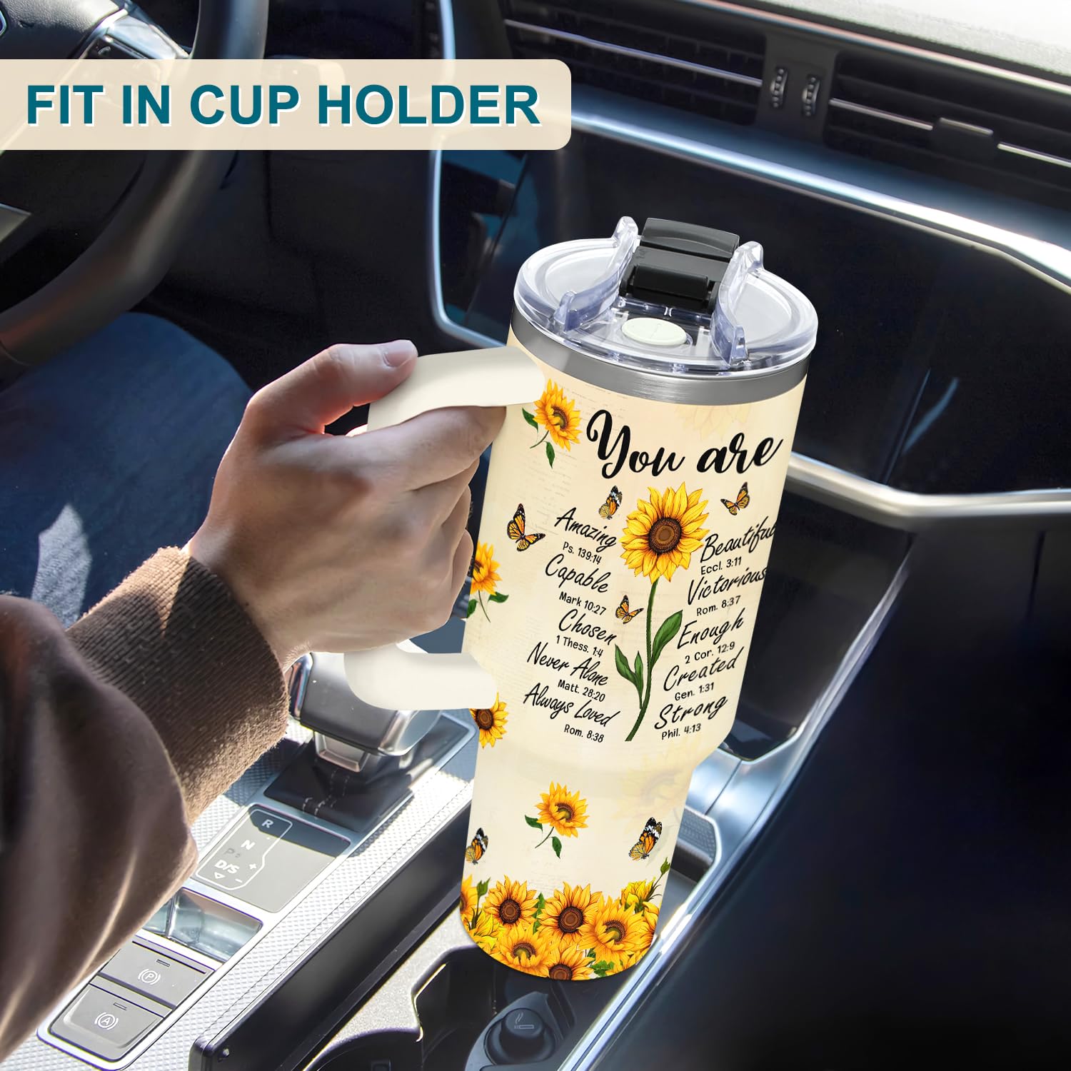 Sunflower Gifts for Women - Christian, Religious Gifts for Women - Encouragement Gift for Woman on Birthday, Mothers Day, Christmas - Sunflower Tumbler 40 oz with Handle & Straw