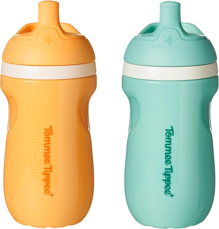 Sippy Cup para niños pequeños, boquilla deportiva, 1-3 años, aislante | Paquete de 2, 9 oz, válvula de dos piezas sin derrame, azul claro y naranja, sin BPA