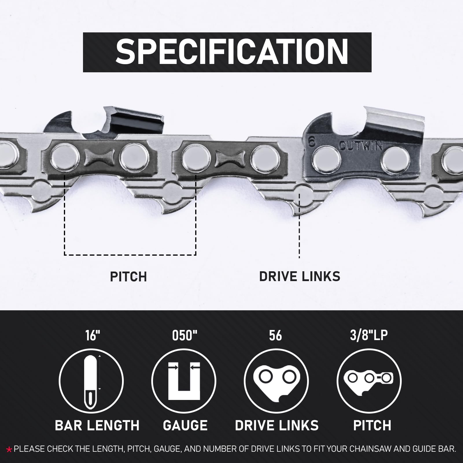 Snapklik.com : Cutwin 3 Pack 16 Inch Chainsaw Chain 3/8